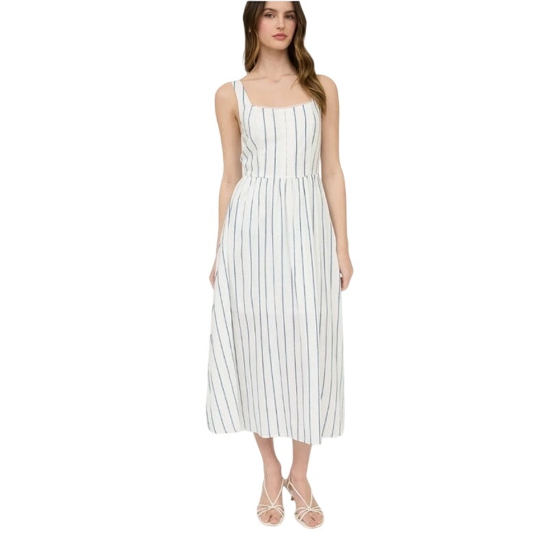 The Workshop Ella Stripe Midi Dress Front Hook Linen Blend Medium M Nwt